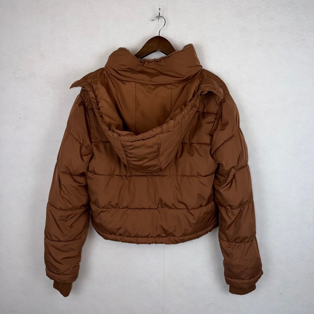 Aeropostale Remixed Down Puffer Jacket Womens Medium Brown Sherpa Crop Gorpcore - Picture 4 of 6